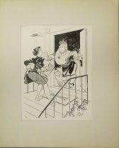 [Woman with 'Help Wanted' ads being stopped by matron]